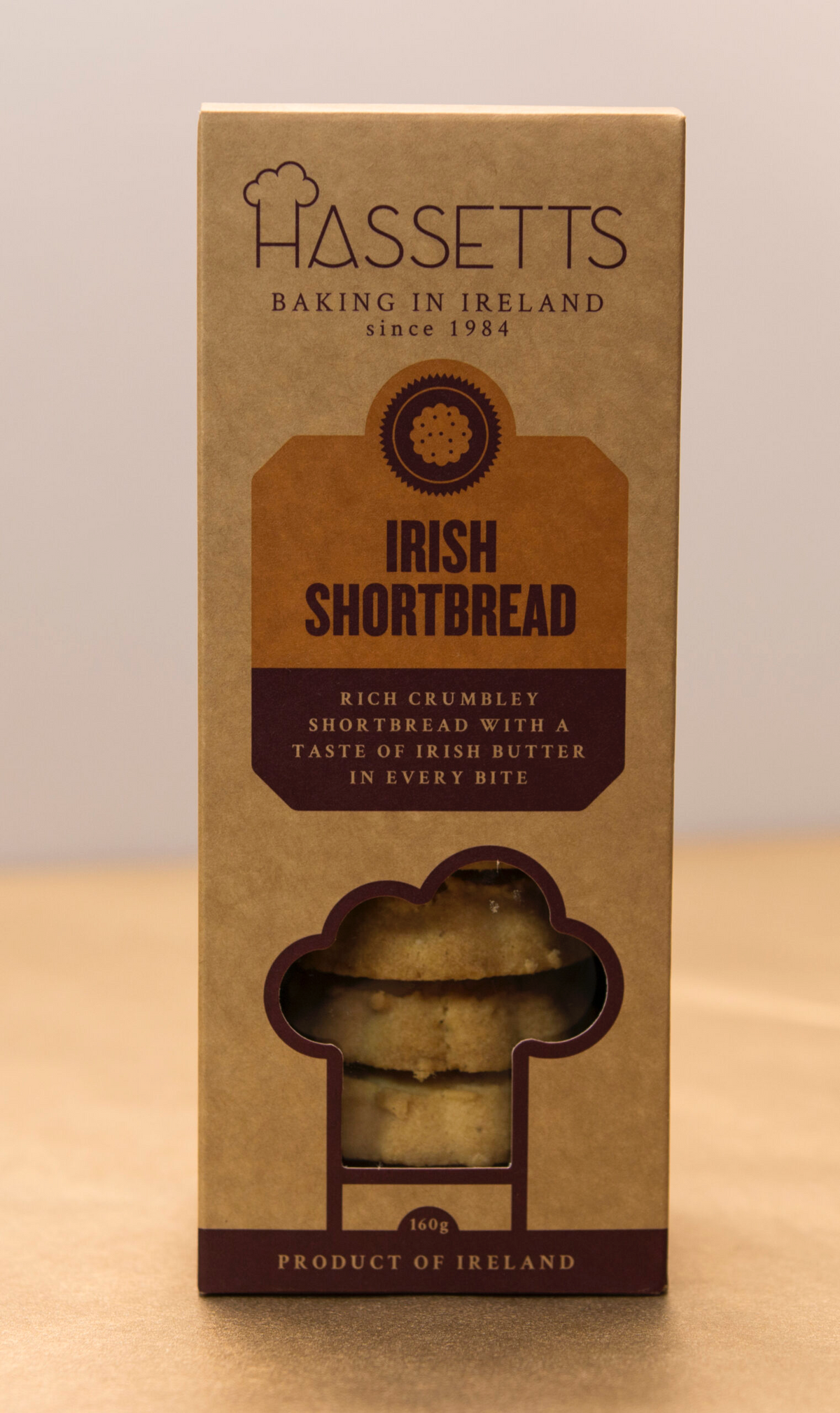 Box of Hassetts Irish Shortbread on a beige background