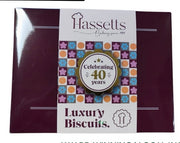 Hassetts Luxury Biscuits packaging celebrating 40 years on a dark background