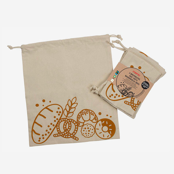 Beige fabric drawstring bag with bread and pastry illustrations and a folded up 2 pack of the sames pouch on a white background.