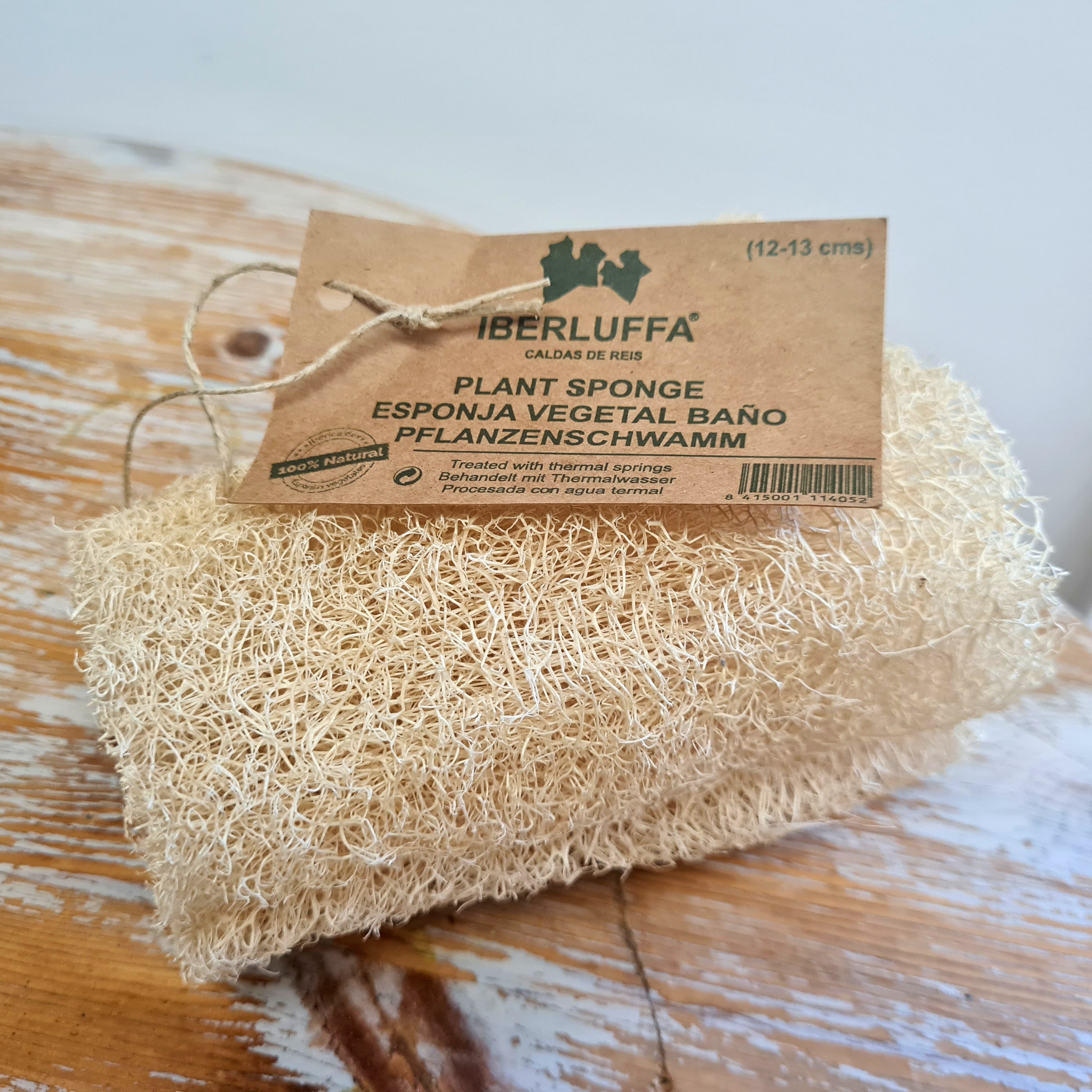 A natural white luffa plant sponge tied to a cardboard packaging with product information.