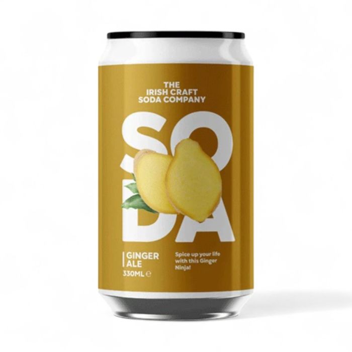 A 330ml can of Ginger Ale from The Irish Craft Soda Company, featuring a mustard-gold label with white lettering and an illustration of sliced ginger, set against a plain white background.