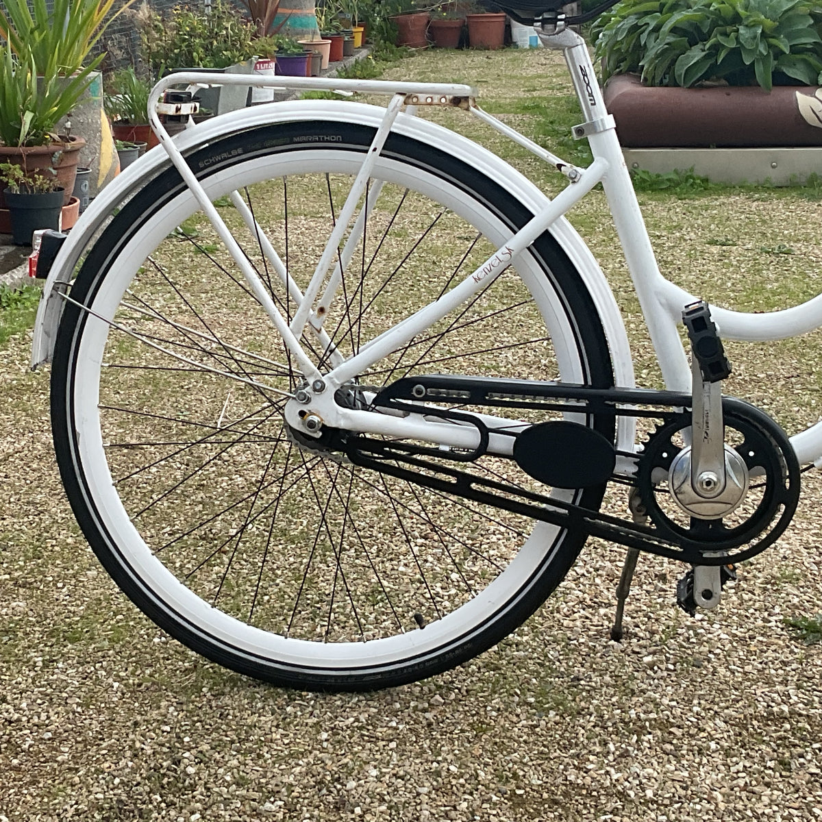 A white step-through bicycle with black tires, a rear rack, and a chain guard, photographed outdoors on a gravel surface with potted plants in the background.
