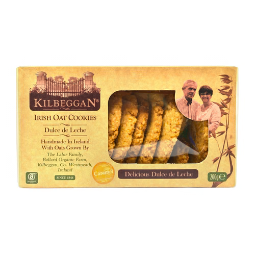 Box of Kilbeggan Irish Oat Cookies with a picture of two people on the packaging.