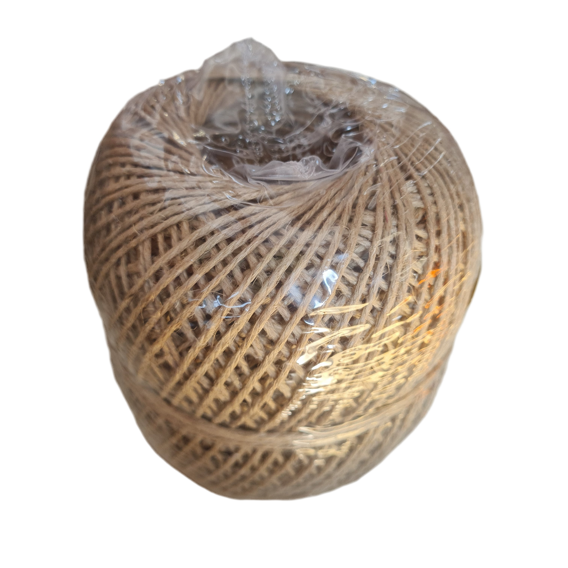 Ball of twine wrapped in clear plastic on a white background