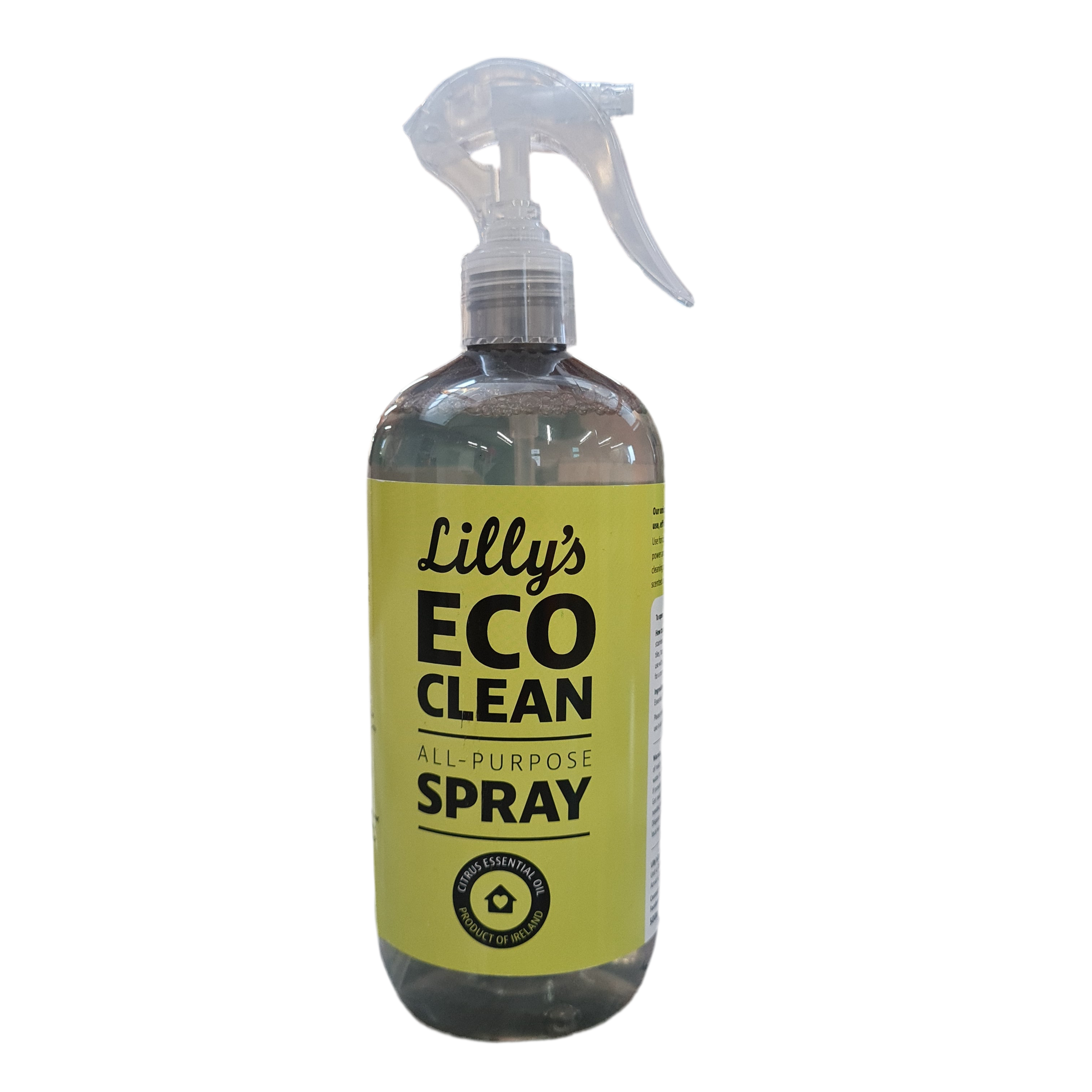 A bottle of Lilly's Eco Clean All Purpose Spray Cleaner with a spray nozzle, labeled for cleaning purposes.