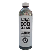 A bottle of Lilly's Eco Clean Non Bio Laundry Liquid with a white label and clear liquid visible inside.