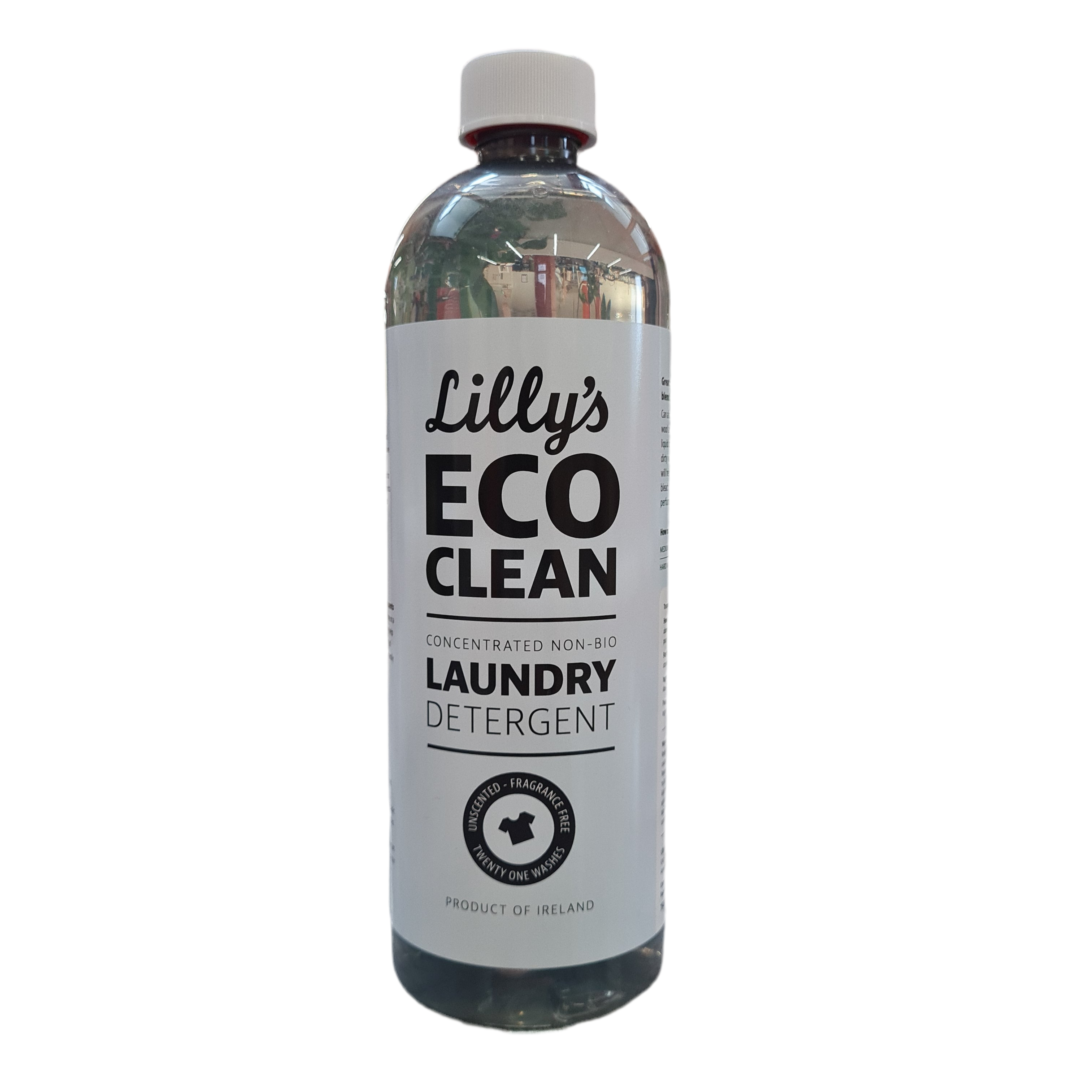 A bottle of Lilly's Eco Clean Non Bio Laundry Liquid with a white label and clear liquid visible inside.