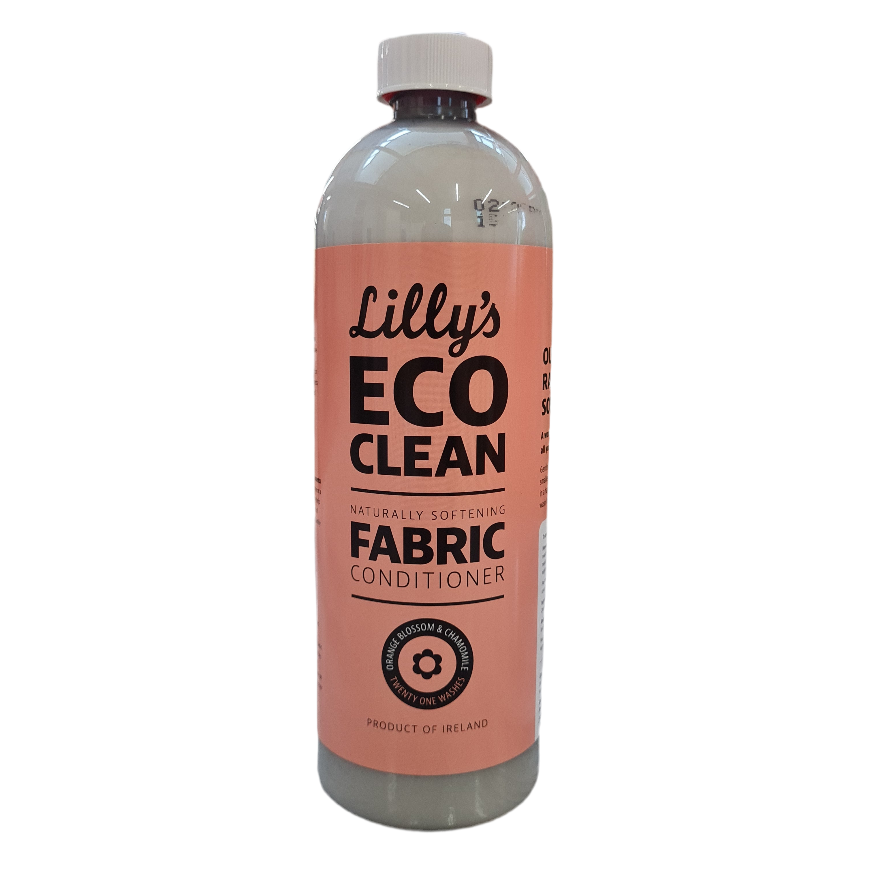 A bottle of Lilly's Eco Clean fabric conditioner with orange label, predominantly pink in color, with text and branding.