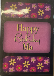 A greeting card with a purple background featuring floral patterns and the text 'Happy Birthday Ma' in a prominent golden font.