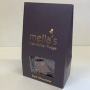 A dark chocolate bag of Mella's Irish Butter Fudge, featuring a deep purple packaging with gold lettering and a clear window showing the dark chocolate pieces inside.