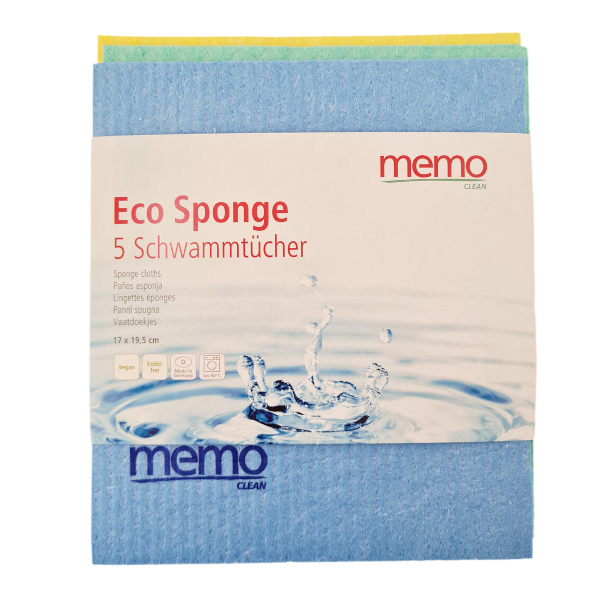 Packaging of memo Eco Sponge with water splash design on a white background