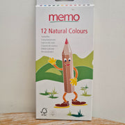 Packaging of Memo brand natural colored pencils, showing a cartoon pencil with colors and a green field background.