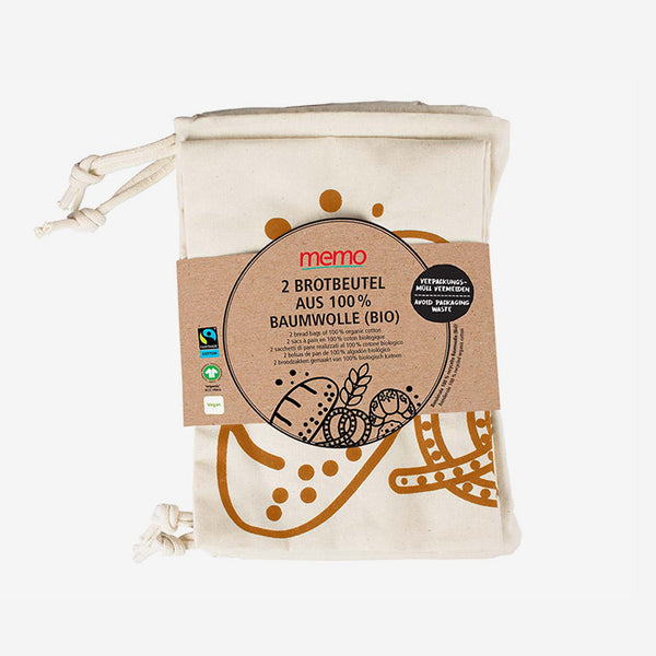 Memo brand bread bags with a drawstring on a white background
