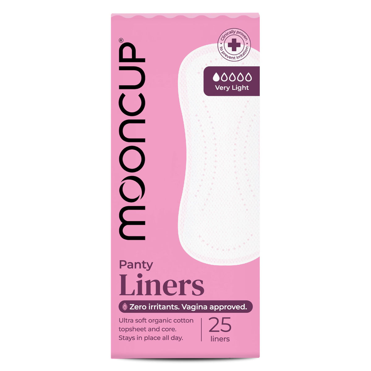 Pink Mooncup Panty Liners box, 25 count, featuring a white graphic of a very light cotton panty liner and product details.