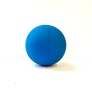 A solid blue bouncy ball on a white background.