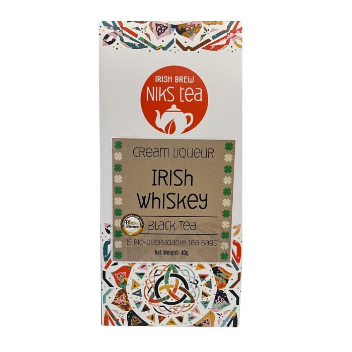 Niks Tea Irish Whiskey black tea package with colorful design on a white background