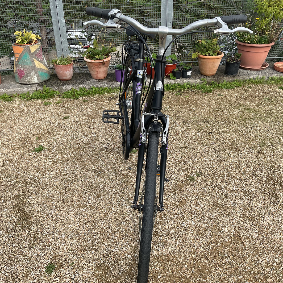 A black road bicycle with silver handlebars is parked on a gravel path in a backyard setting with potted plants and a fence in the background.