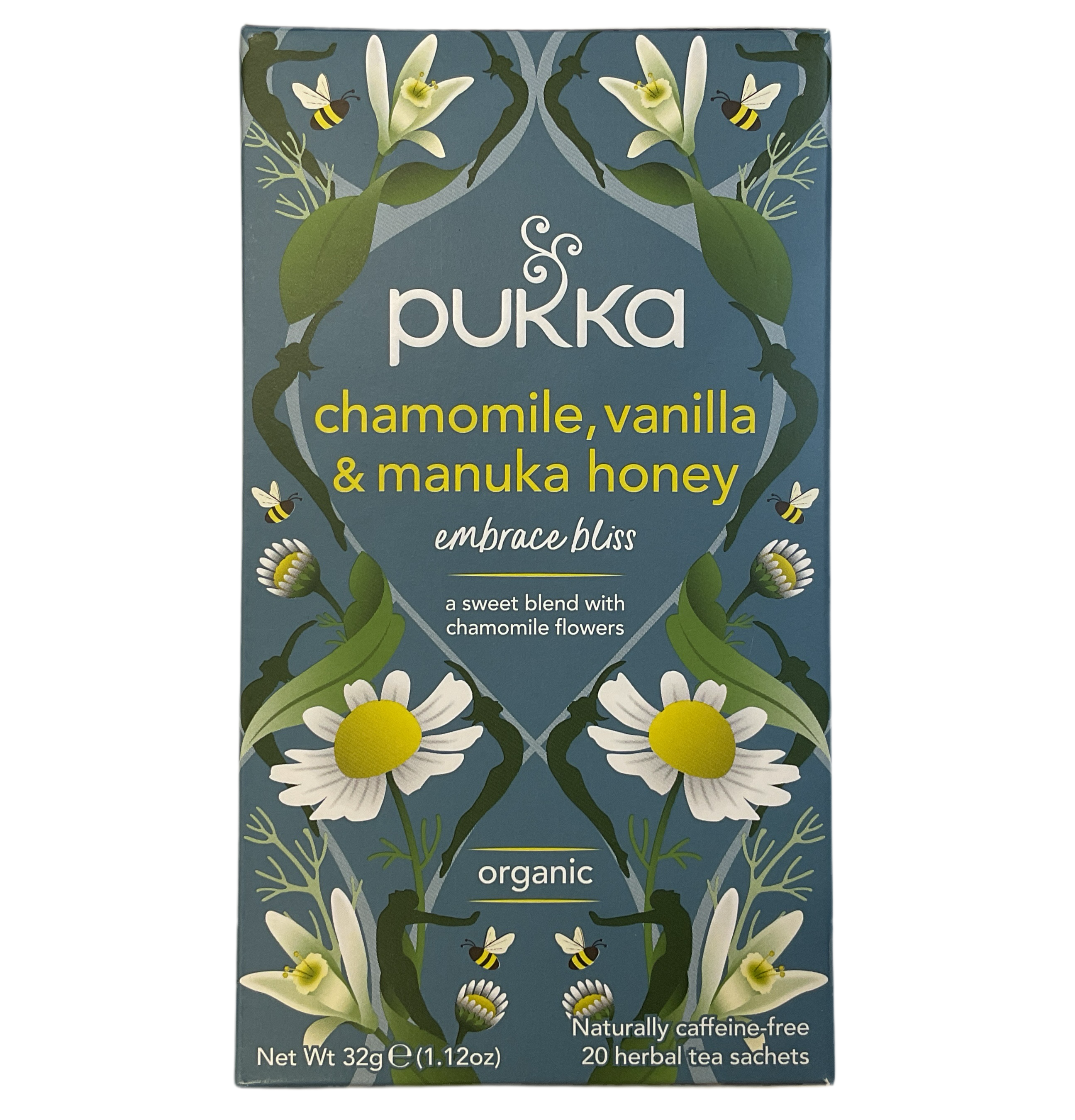 Packaging of Pukka Chamomile, Vanilla & Manuka Honey tea with floral designs and product information.