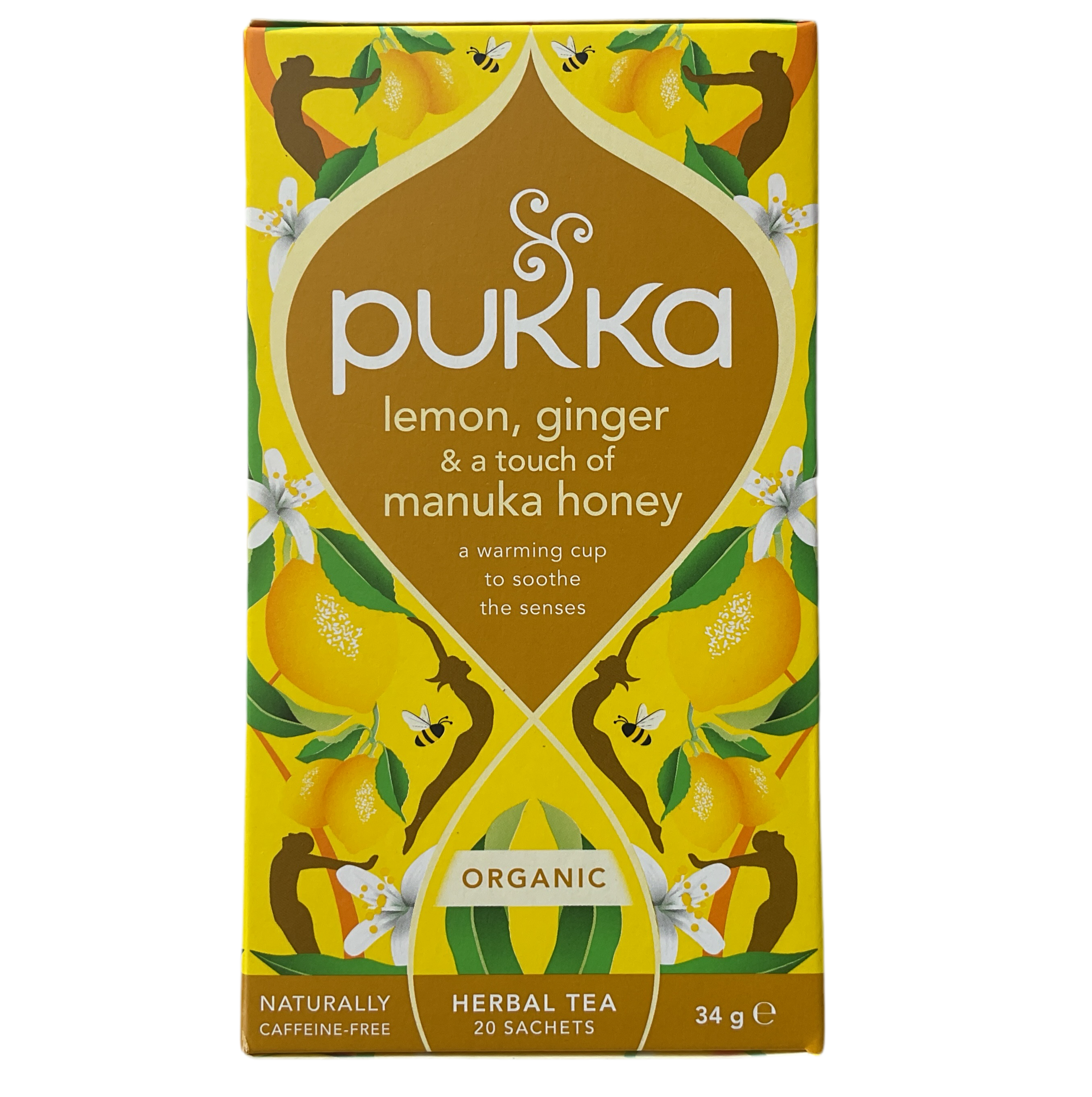Packaging of Pukka Lemon, ginger & manuka honey herbal tea with 20 sachets, featuring a yellow and green color scheme with images of lemons and ginger.