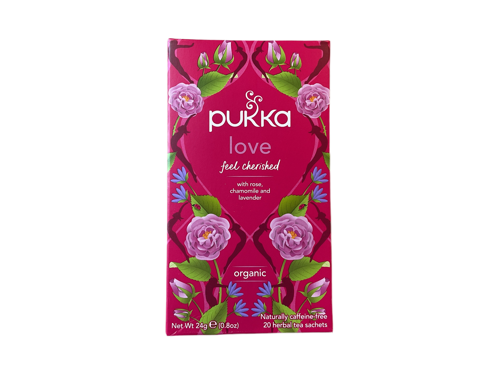 Packaging of Pukka Love Rose Chamomile and Lavender Tea with floral patterns and the brand's logo.