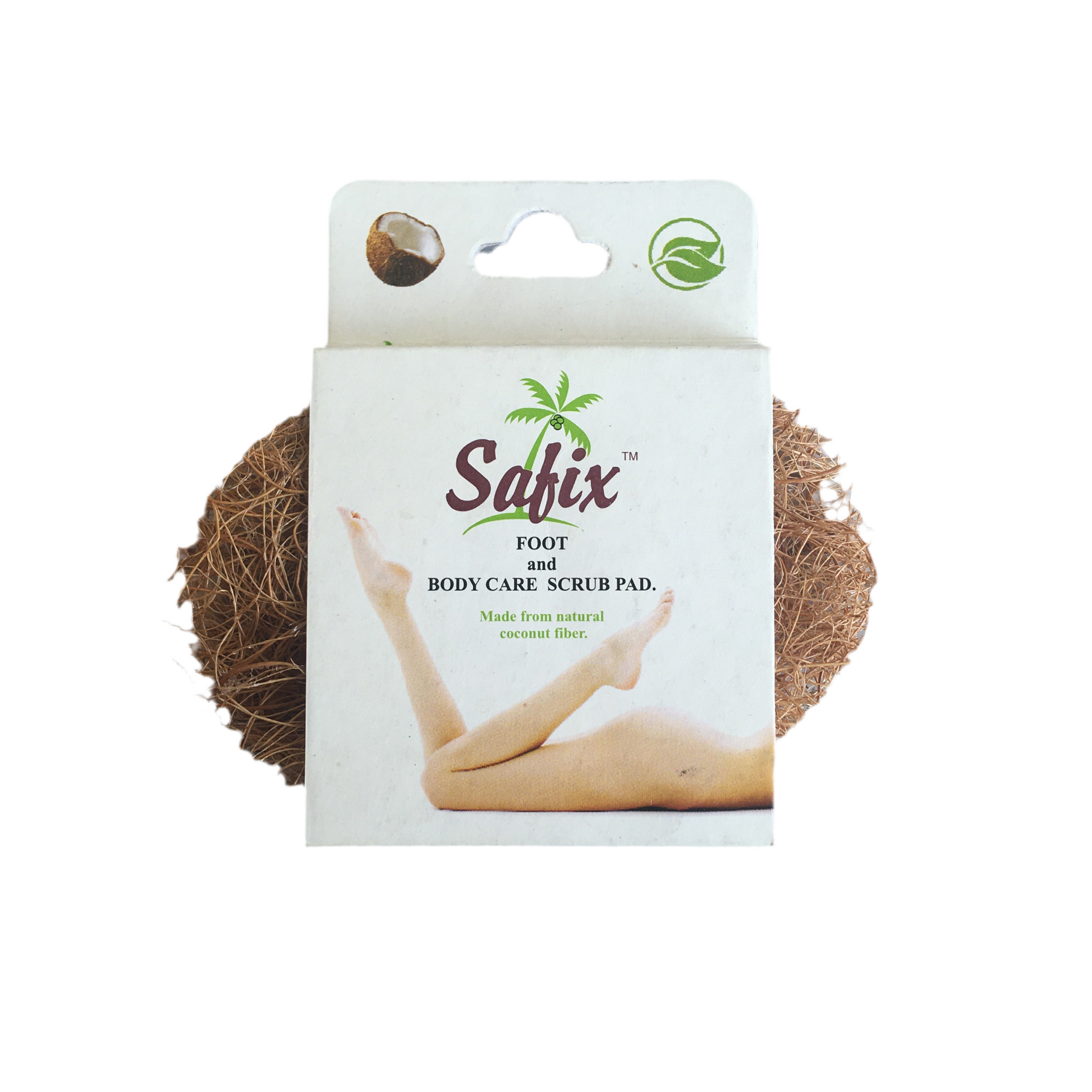 Safix foot and body care scrub pad packaging with coconut fiber on a white background