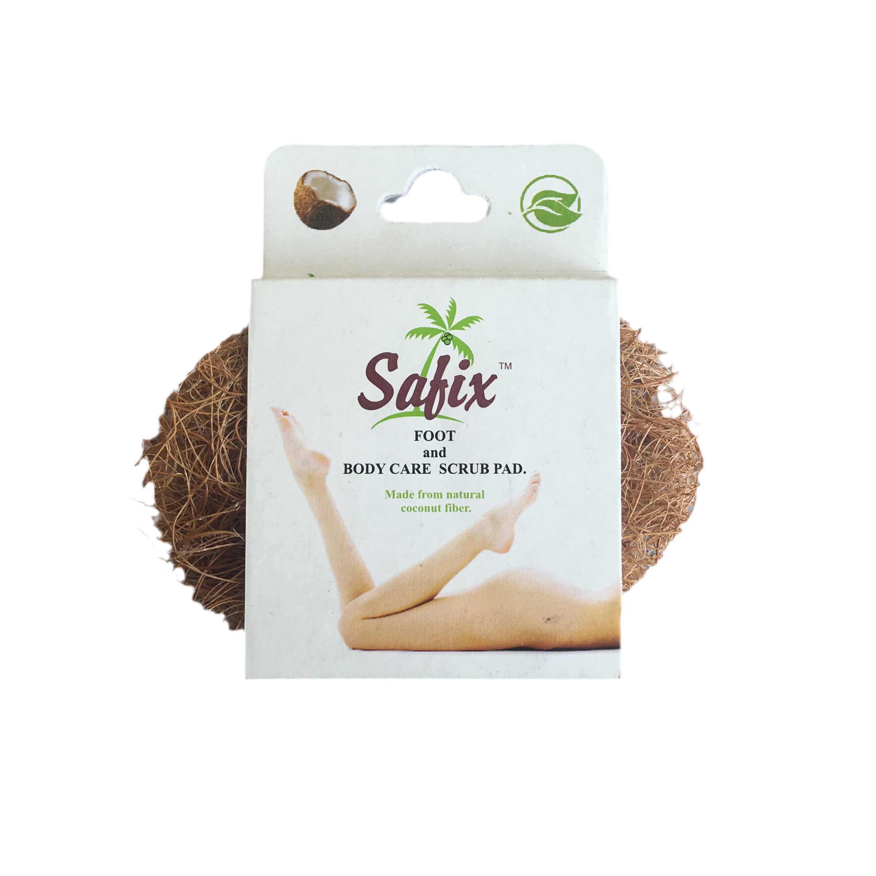Safix foot and body care scrub pad packaging with coconut fiber on a white background