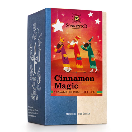 Sonnentor Cinnamon Magic tea box with colorful design on a white background