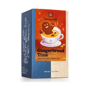 Tea box labeled 'Gingerbread Time' with a gingerbread man design on a white background