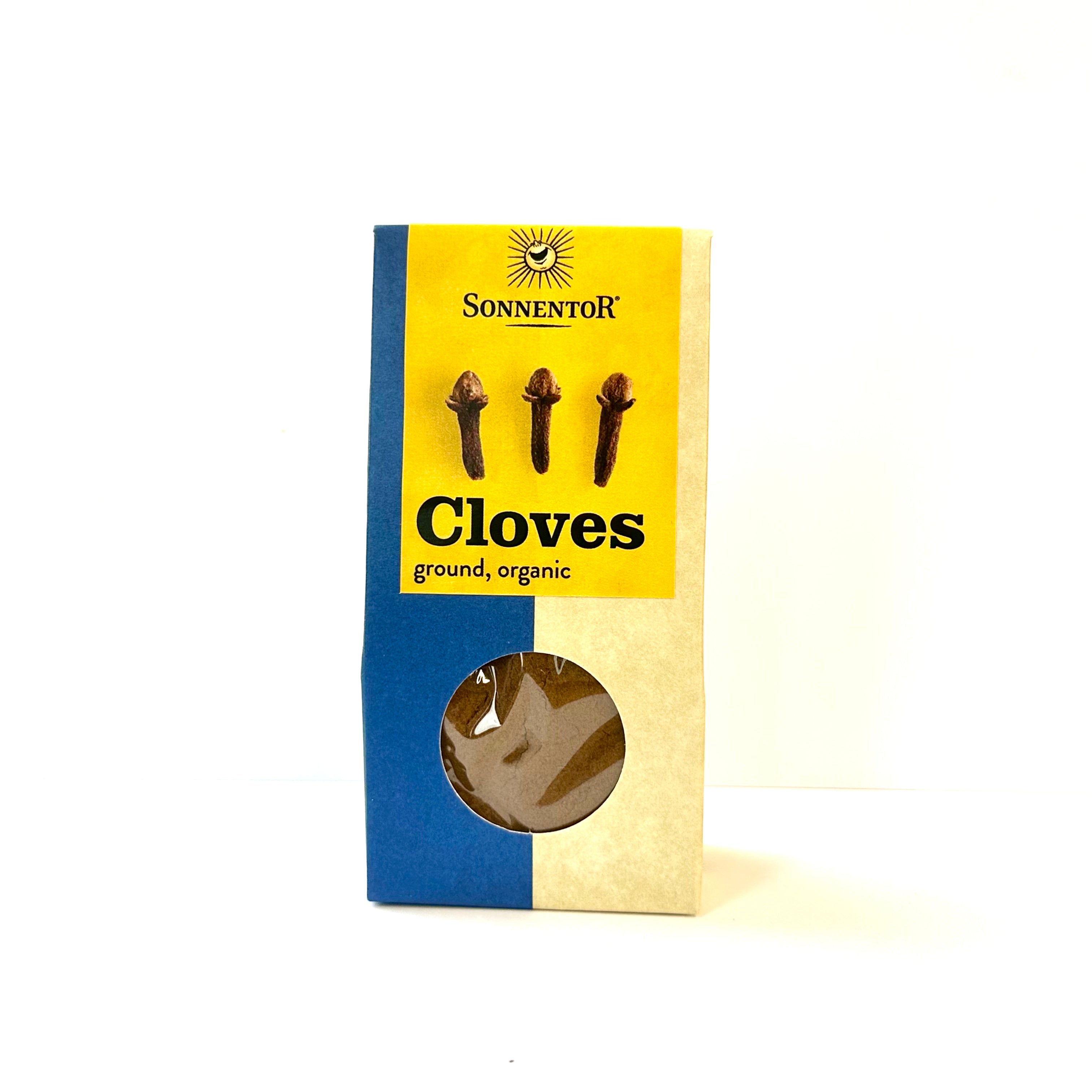 Packaging of Sonnentor Organic Ground Cloves with a clear window showing the product inside.