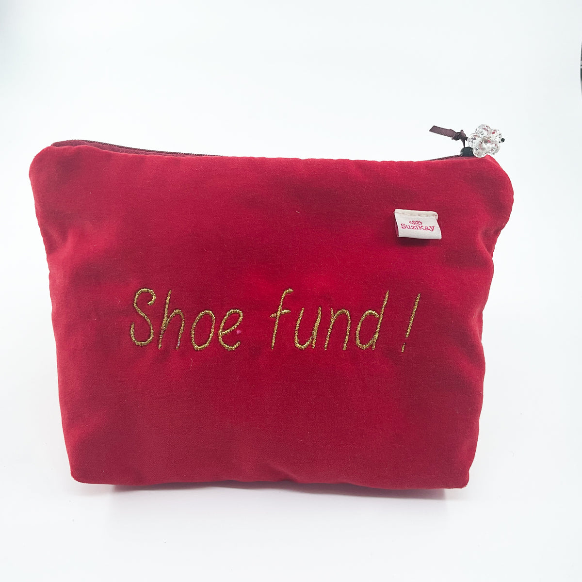 Red Embroidered Purse with Shoe Fund written in gold on a white background 