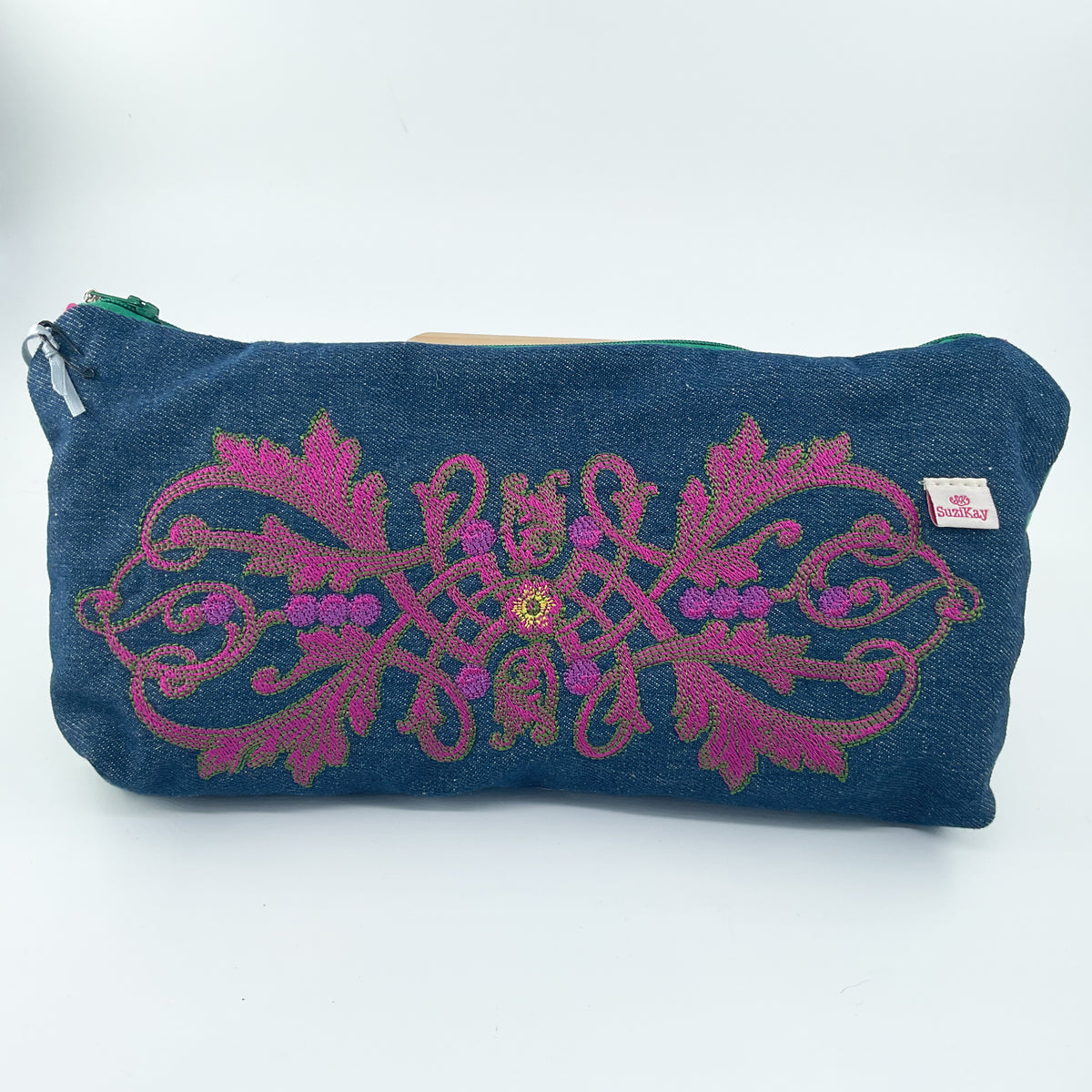 Jeans purse with Pink Embroidery on a white background