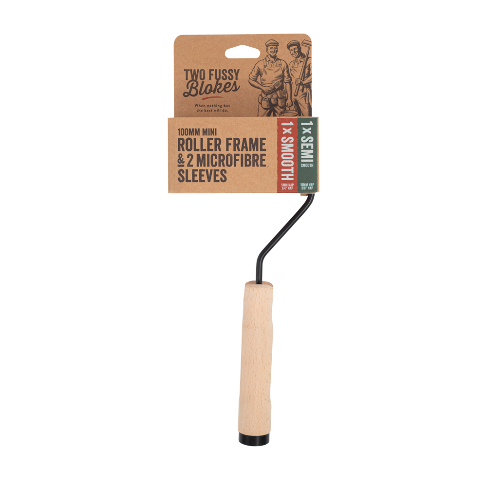 Roller frame with wooden handle and packaging labeled 'Two Fussy Blokes' on a white background