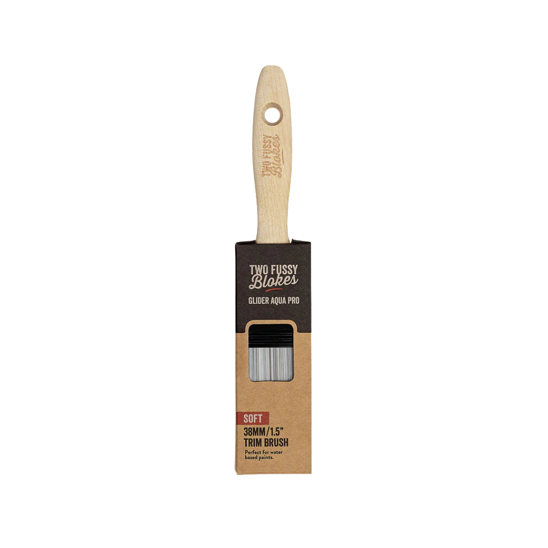 Paint brush with wooden handle and packaging labeled 'Two Fussy Blakes' on a white background