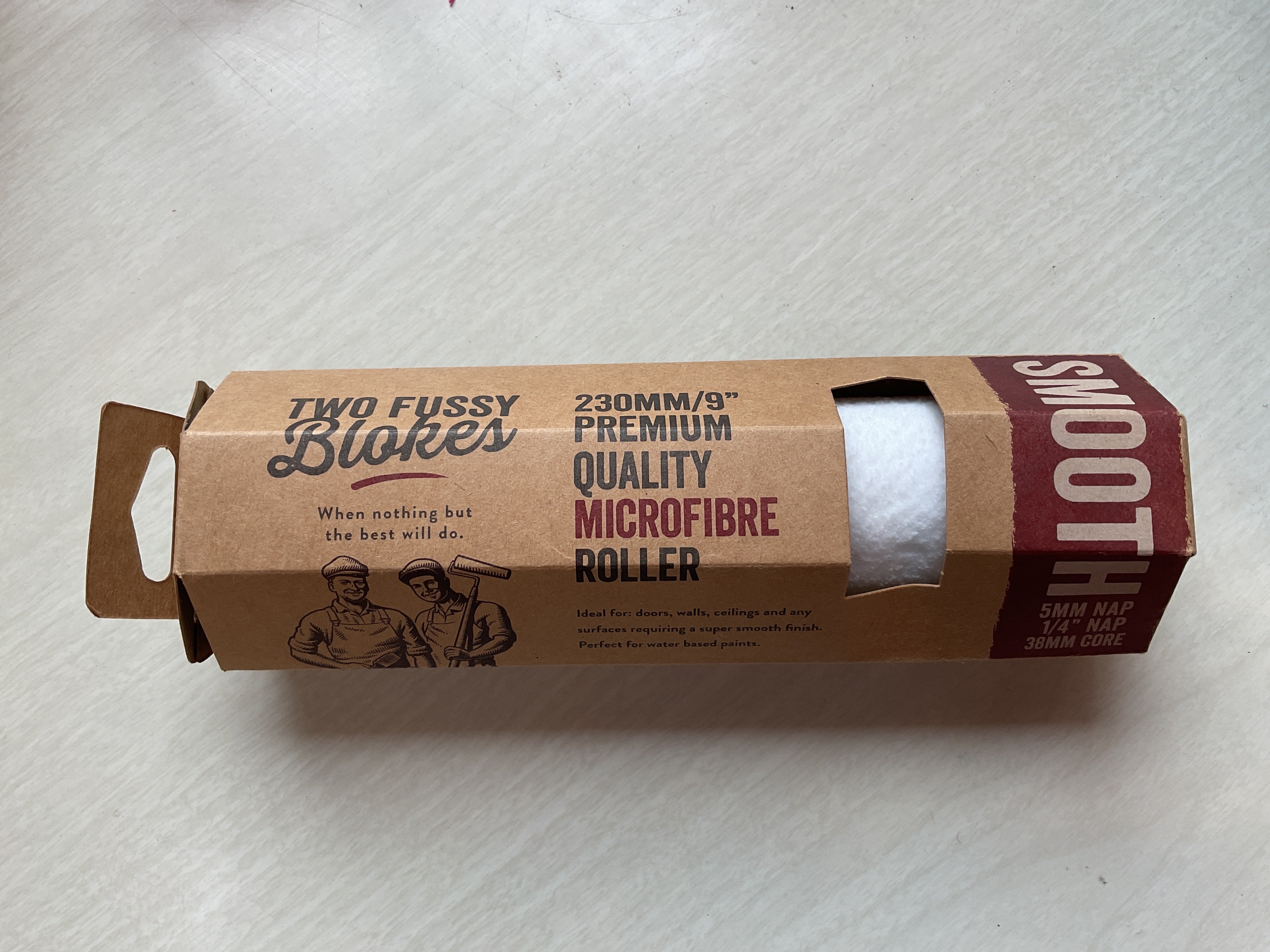 Two Fussy Blokes brand micro fibre roller head in a cardboard packaging with product details written on it