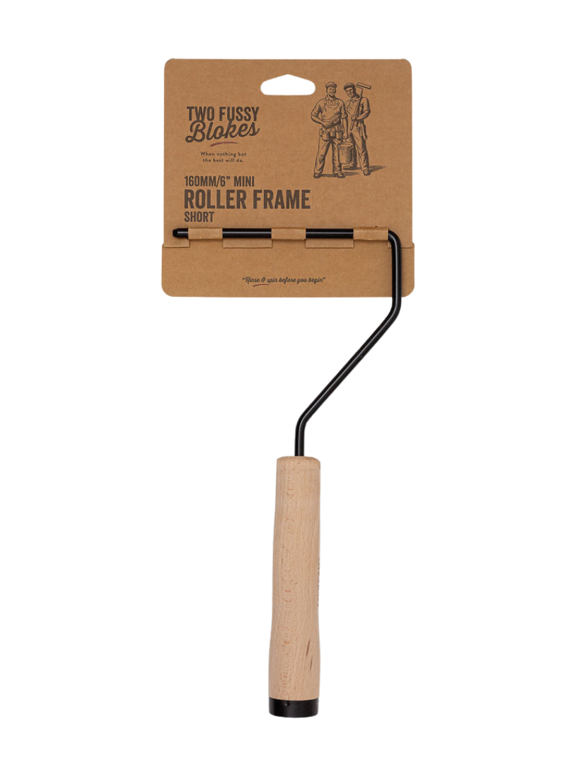Roller frame with wooden handle on a white background, featuring 'Two Fussy Blakes' branding.