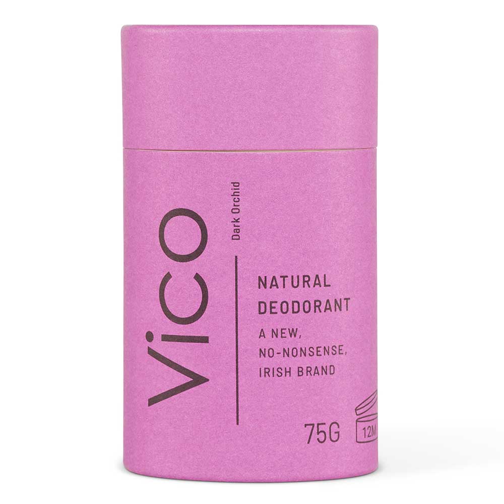 Pink deodorant container with 'Vico' branding on a white background