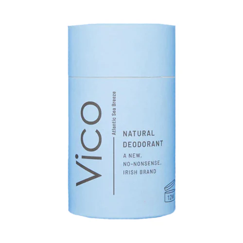 Vico natural deodorant stick in light blue packaging on a white background