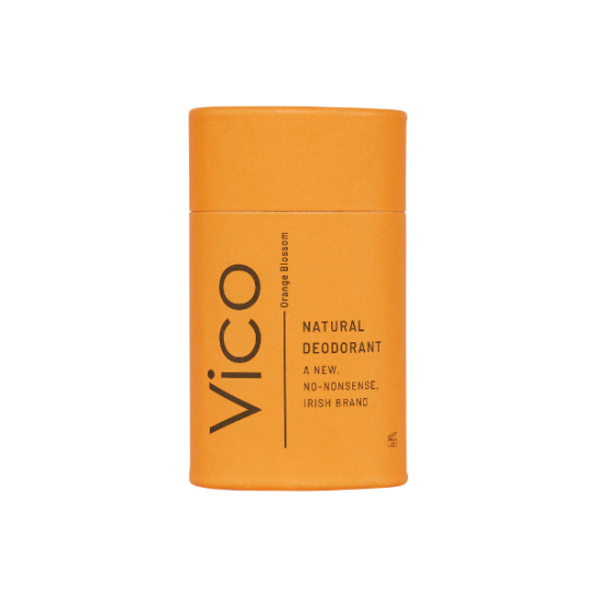 Orange deodorant container with 'Vico' branding on a white background