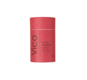Red cylindrical deodorant container with 'Vico' branding on a white background