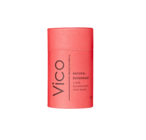 Red deodorant container with 'Vico' branding on a white background