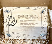 Flower press with WildBird Studio branding and instructions on a cardboard background