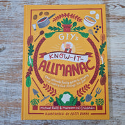 The cover of the book 'Giy's Know-It-Allmanac' featuring illustrations of various kitchen utensils, plants, and food items, with a yellow background.