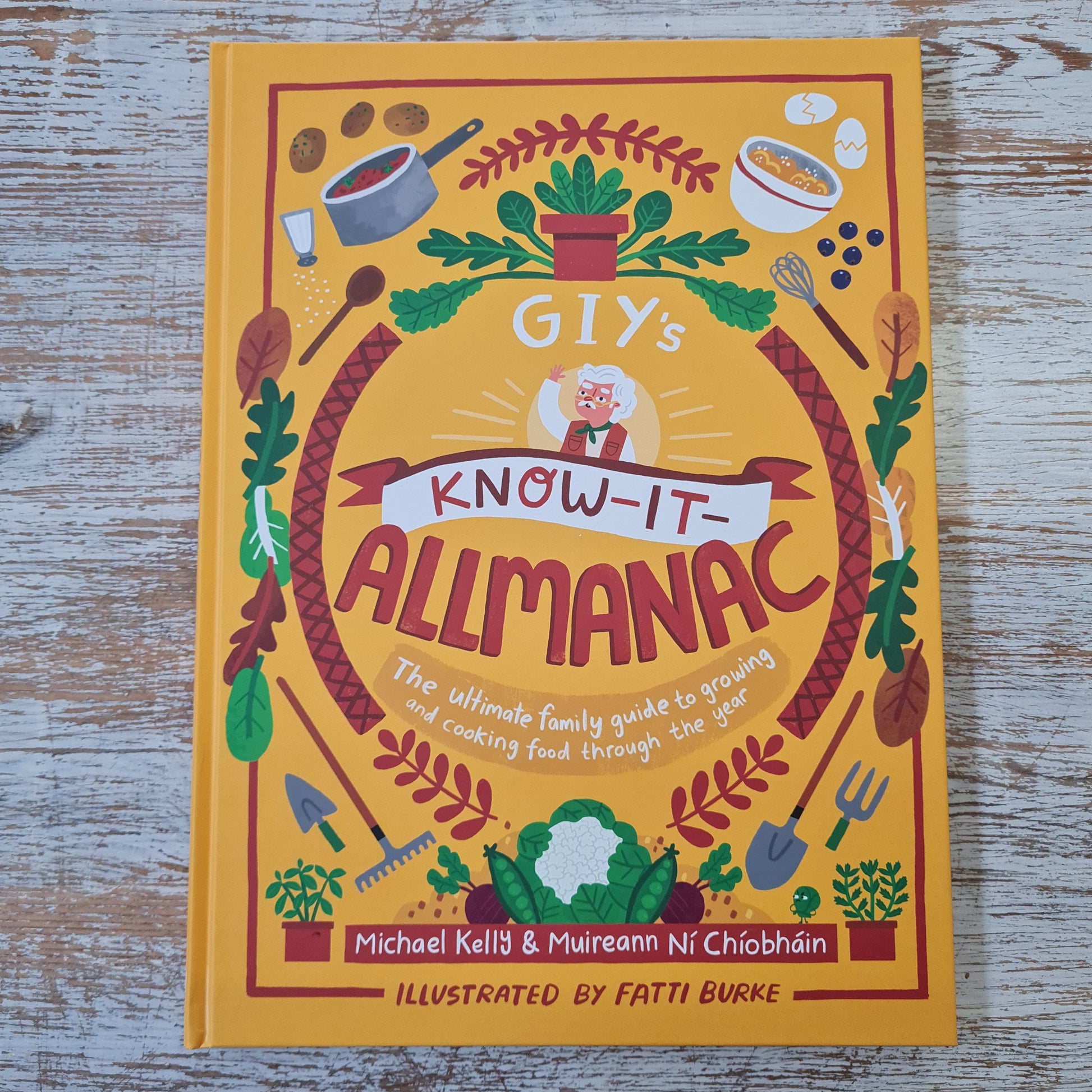 The cover of the book 'Giy's Know-It-Allmanac' featuring illustrations of various kitchen utensils, plants, and food items, with a yellow background.